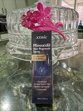 Minoxidil Hair Regrowth Spray 5% with Biotin and a new pink floral hair clip